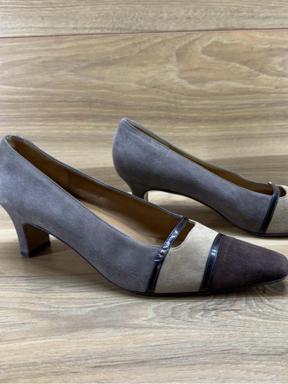 Salvatore Ferragamo Tri-Color Suede Mid Heel Pumps - Gray, Cream & Brown